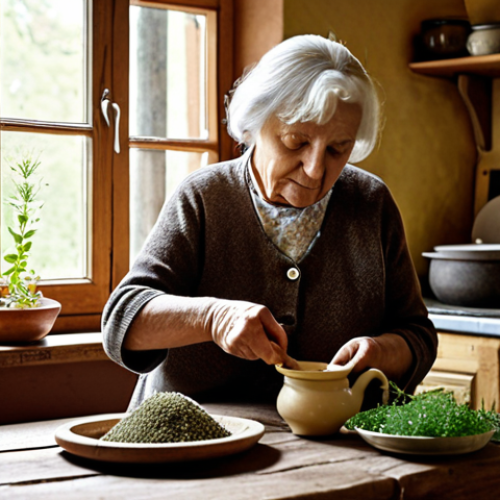 **

> A cozy kitchen scene. An elderly Polish grandmother (babcia) is preparing a herbal remedy, perhaps chamomile tea, with a mortar and pestle filled with herbs on a wooden table. Jars of dried herbs are in the background. The style is warm and inviting, reminiscent of a vintage photograph.

**