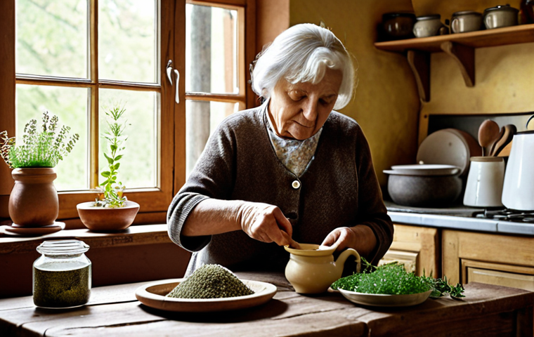 **
> A cozy kitchen scene. An elderly Polish grandmother (babcia) is preparing a herbal remedy, perhaps chamomile tea, with a mortar and pestle filled with herbs on a wooden table. Jars of dried herbs are in the background. The style is warm and inviting, reminiscent of a vintage photograph.
**