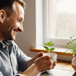 A warm, authentic scene depicting a person (male, mid-30s, friendly and trustworthy) in a cozy, bright room with a subtle Central European interior aesthetic. He is holding a cup of herbal tea or a handful of dried medicinal herbs, looking directly at the viewer with a genuine smile. Behind him, a blurred laptop screen subtly displays a blog interface or a simple graph, hinting at the digital aspect. The emphasis is on personal experience, trust, and the comforting nature of natural remedies. Soft, natural lighting.