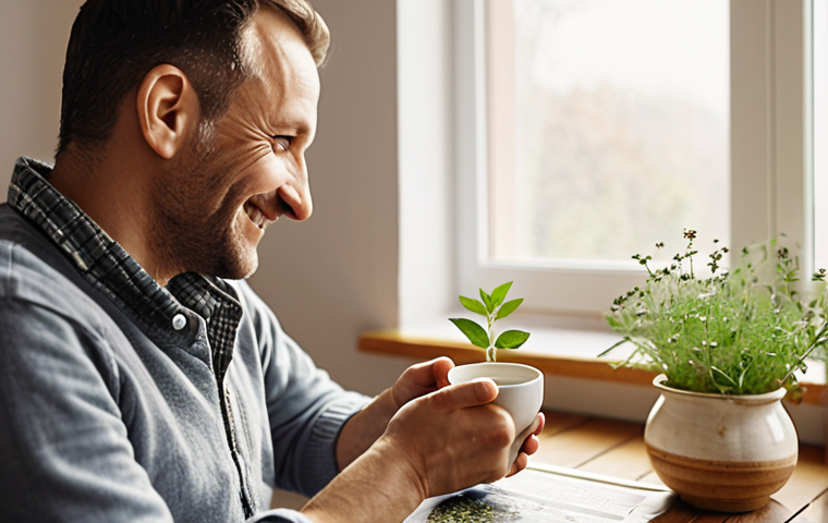 A warm, authentic scene depicting a person (male, mid-30s, friendly and trustworthy) in a cozy, bright room with a subtle Central European interior aesthetic. He is holding a cup of herbal tea or a handful of dried medicinal herbs, looking directly at the viewer with a genuine smile. Behind him, a blurred laptop screen subtly displays a blog interface or a simple graph, hinting at the digital aspect. The emphasis is on personal experience, trust, and the comforting nature of natural remedies. Soft, natural lighting.