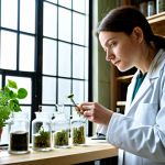 A professional, female herbal researcher in a modest, clean lab coat, surrounded by both modern scientific equipment and traditional dried herbs, carefully examining a plant sample under a microscope. The background shows a bright, modern laboratory with hints of rustic wooden shelves holding glass jars of botanical specimens. Natural light streams in through a window, illuminating the scene. The subject is fully clothed, appropriate attire, safe for work, professional, perfect anatomy, correct proportions, natural pose, well-formed hands, proper finger count, natural body proportions, high-quality photograph, detailed, realistic.
