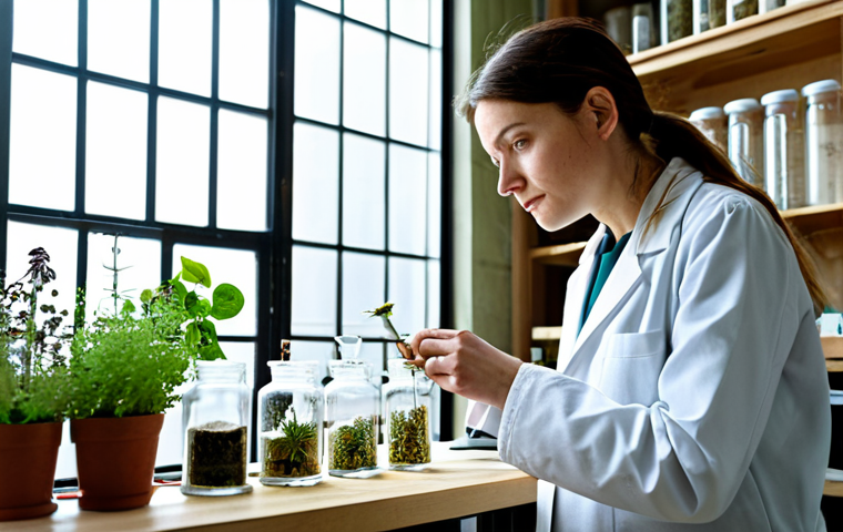 A professional, female herbal researcher in a modest, clean lab coat, surrounded by both modern scientific equipment and traditional dried herbs, carefully examining a plant sample under a microscope. The background shows a bright, modern laboratory with hints of rustic wooden shelves holding glass jars of botanical specimens. Natural light streams in through a window, illuminating the scene. The subject is fully clothed, appropriate attire, safe for work, professional, perfect anatomy, correct proportions, natural pose, well-formed hands, proper finger count, natural body proportions, high-quality photograph, detailed, realistic.